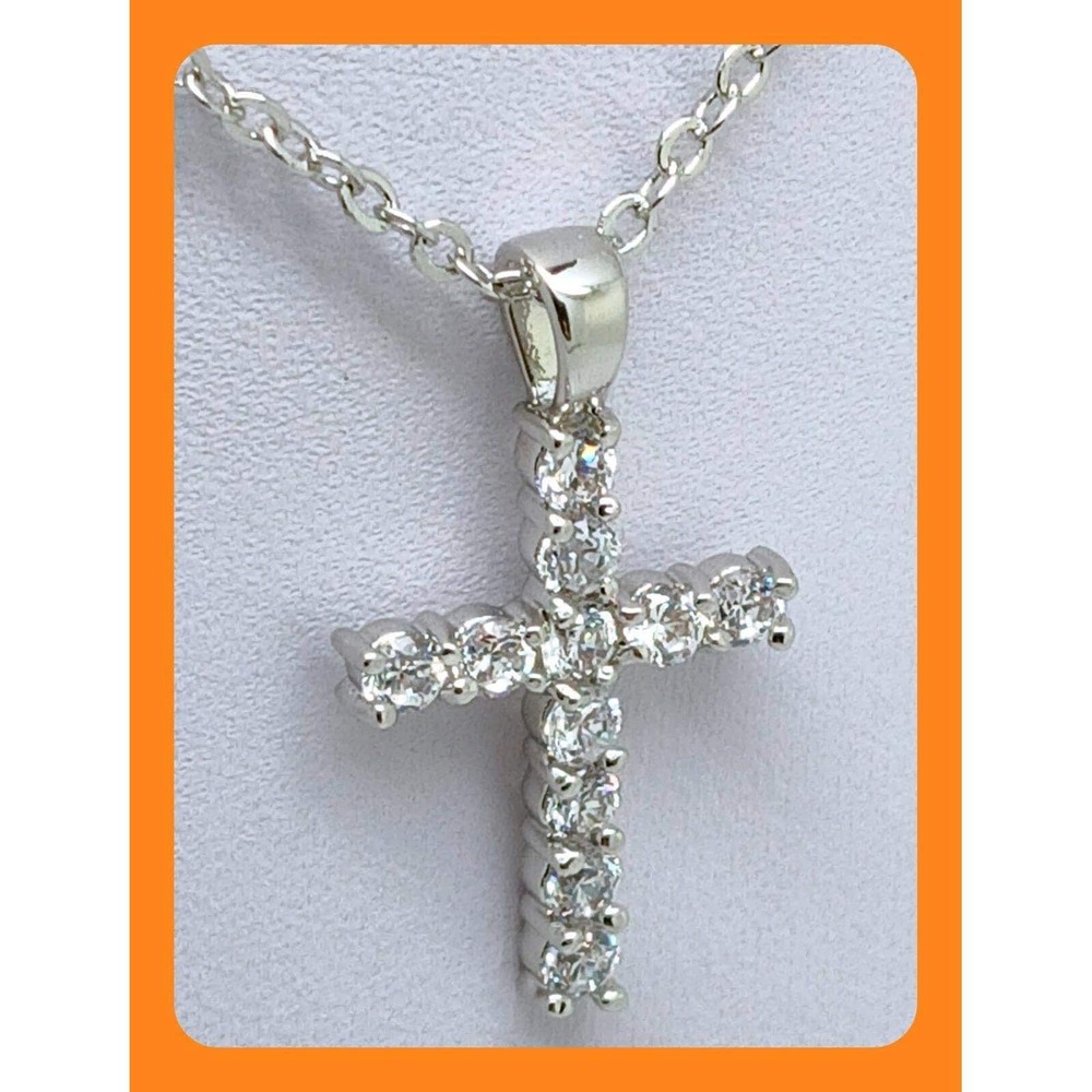 Vintage 1990s Cubic Zirconia Cross Pendant Necklace Silver Tone 16-18 inch